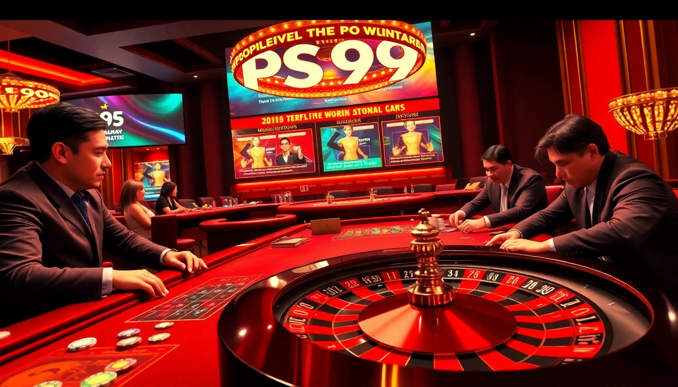 Gamblers experience excitement at PS99 casino table with chips and roulette wheel.