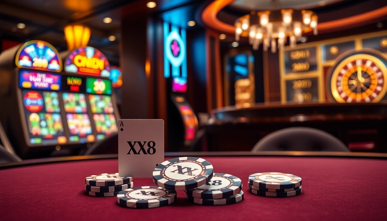 Engaging casino scene with luxury poker table, XX 88 branding, vibrant slot machines and roulette.
