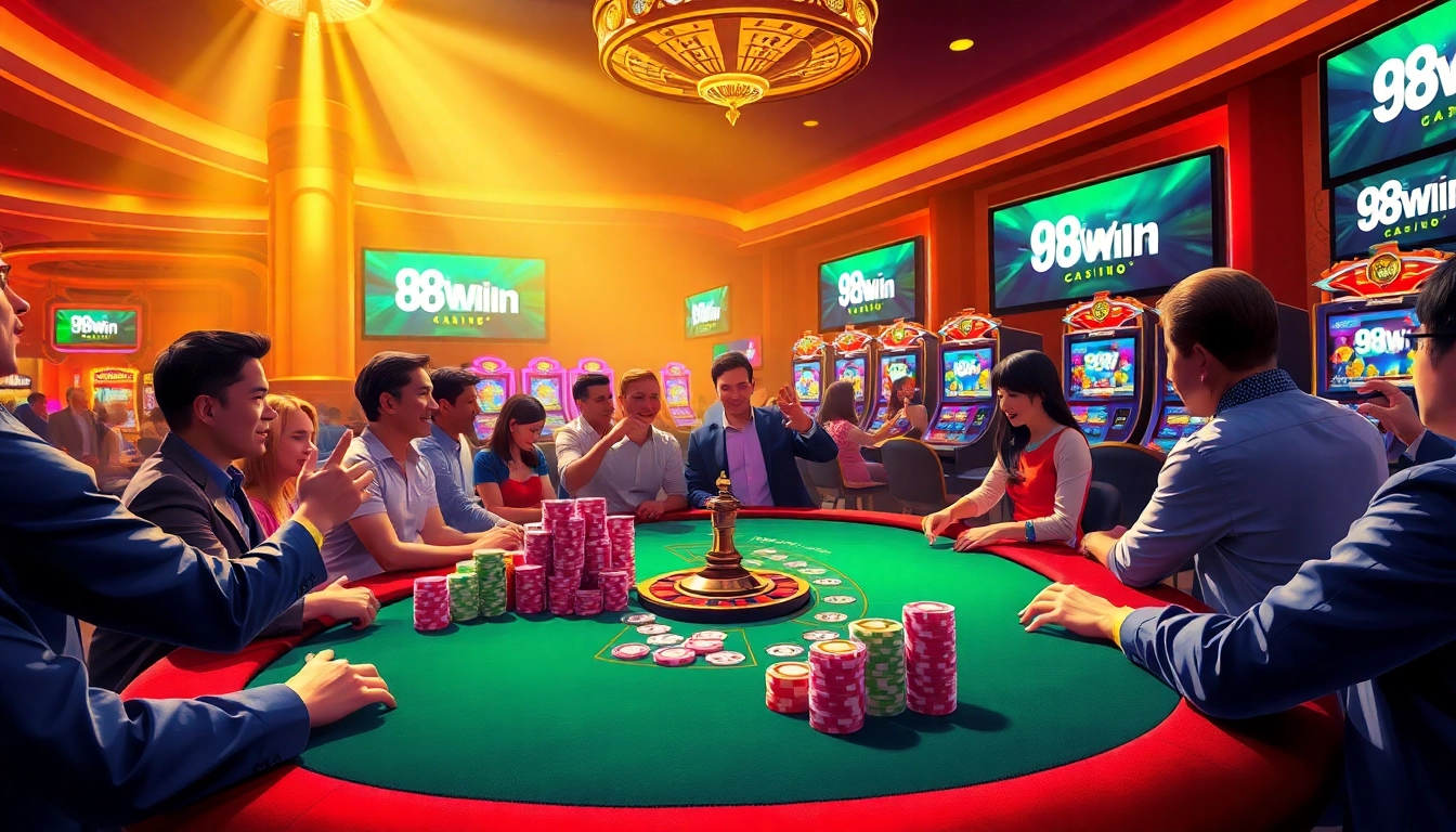 Experience thrilling gameplay at 98Win with vibrant poker chips and a spinning roulette wheel.