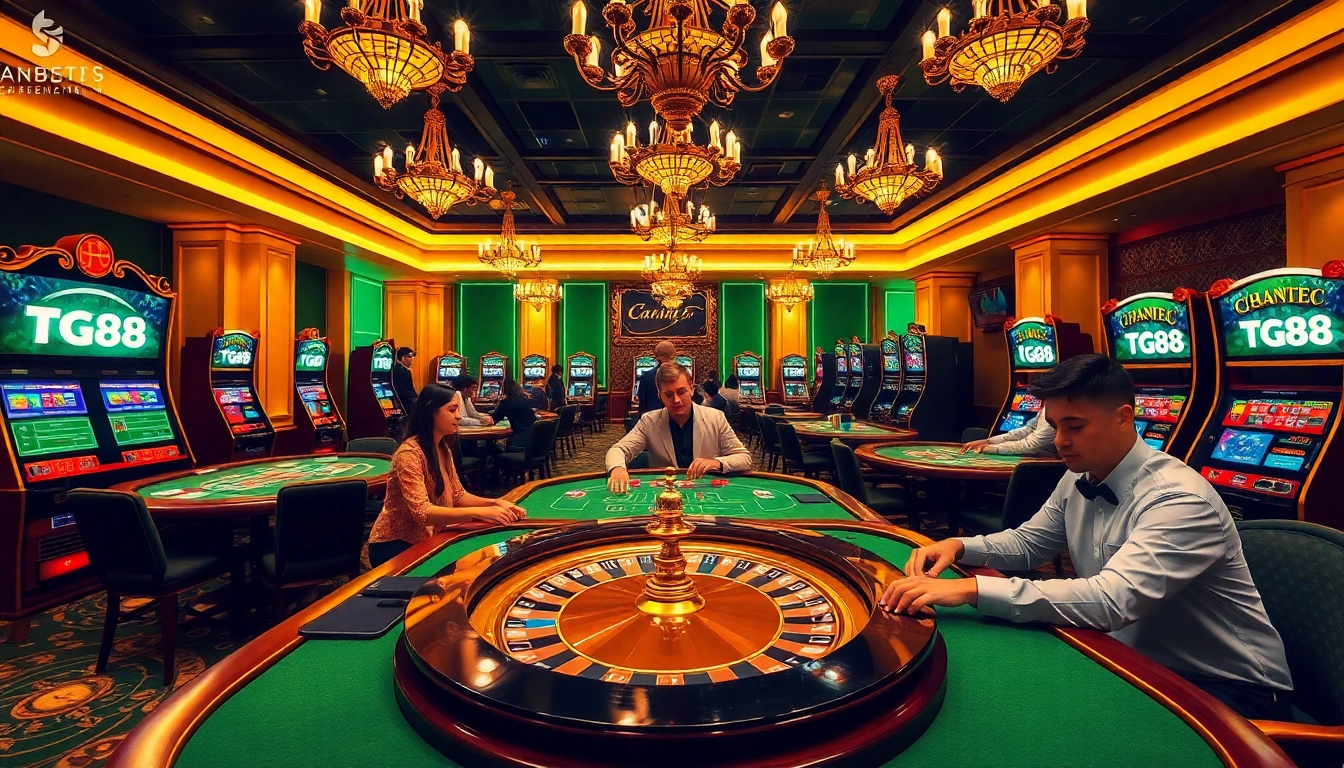 TG88 gamblers enjoying immersive card games at a luxury casino with vibrant tables and decor.