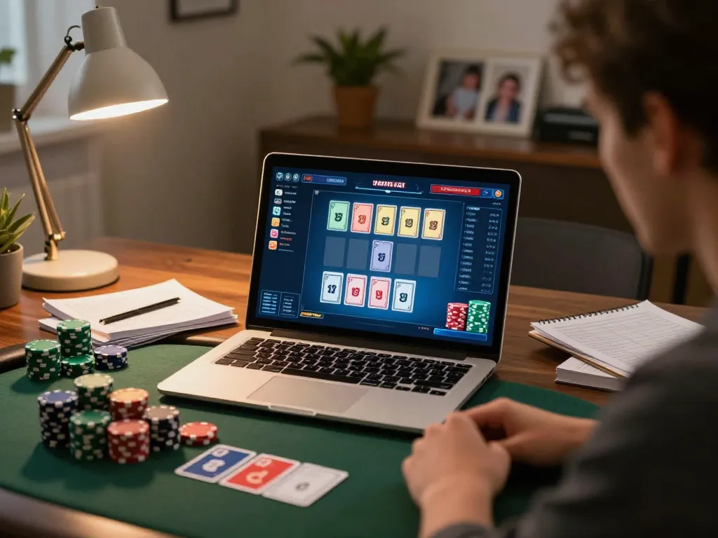 Zowin poker gameplay on a laptop in a cozy home office, emphasizing strategy and responsible gaming.