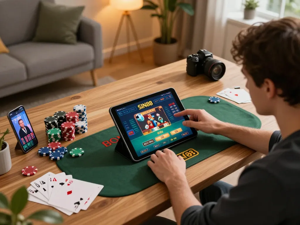 SIN88 player engaging with a vibrant online casino app surrounded by poker chips and strategy notes
