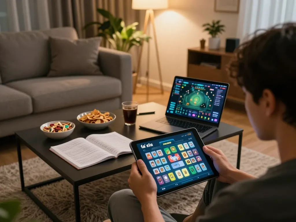 Enjoying app tài xỉu online on a tablet in a cozy living room, with gaming strategy notes visible