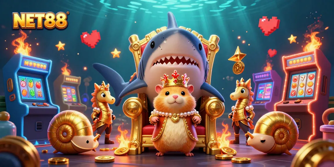 Engage with NET88's vibrant online casino scene featuring a golden hamster king and dynamic game elements.