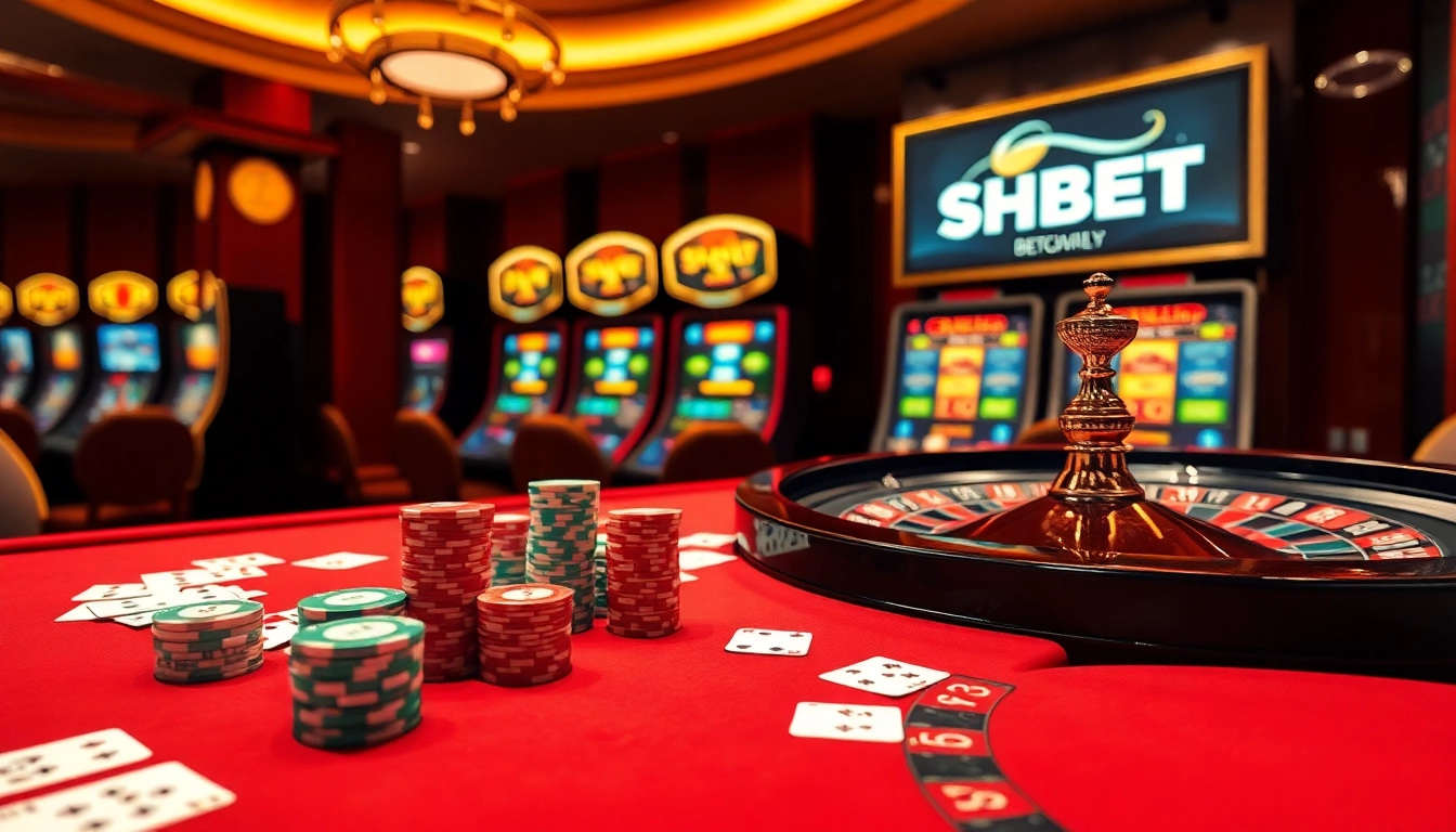 SHBET gaming table with vibrant poker chips and exciting casino atmosphere.