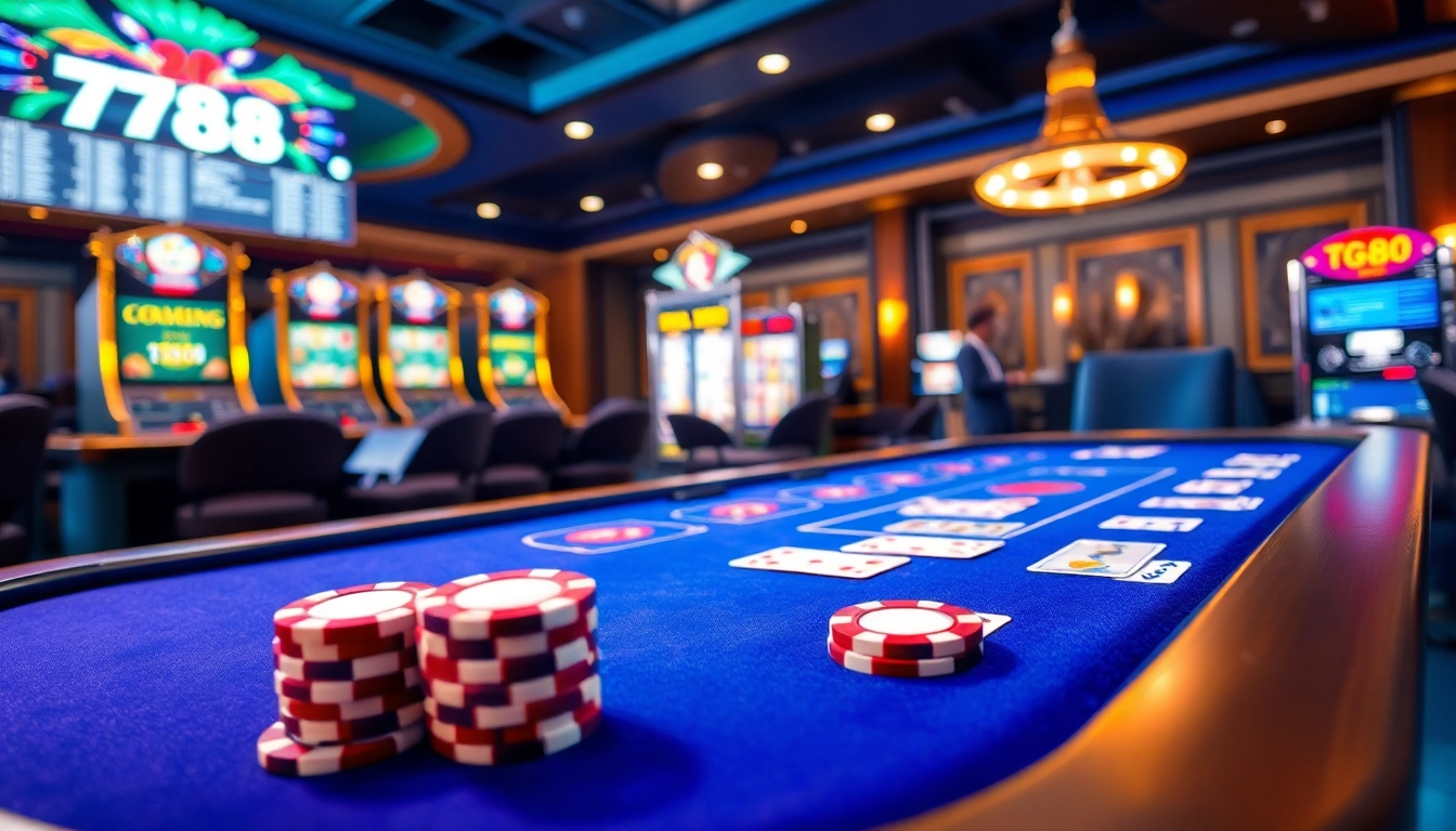 Experience the thrill of TG88 at a luxurious casino table with vibrant poker chips and cards.