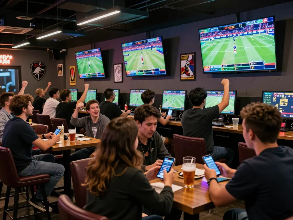 SC88 users placing bets on smartphones at a lively sports betting bar filled with fans.