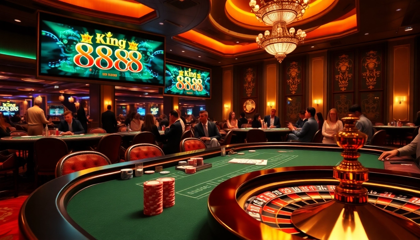Gamblers enjoying the excitement of king 88 at a luxurious casino table.