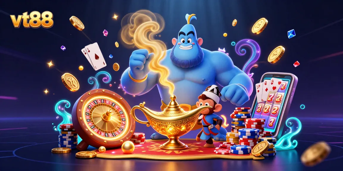 Win big at vt88 with a magical casino experience featuring a genie, poker chips, and golden coins.