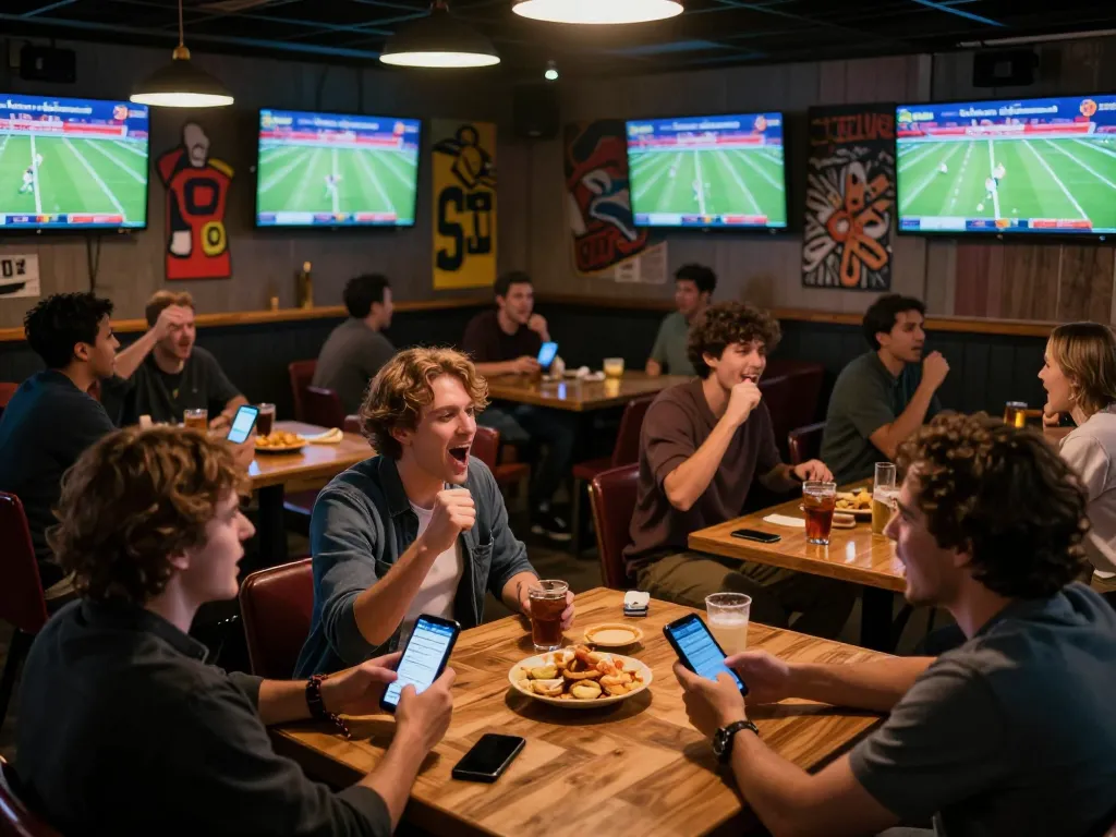 Socolive viewers passionately watching live football, celebrating wins in a sports bar atmosphere.