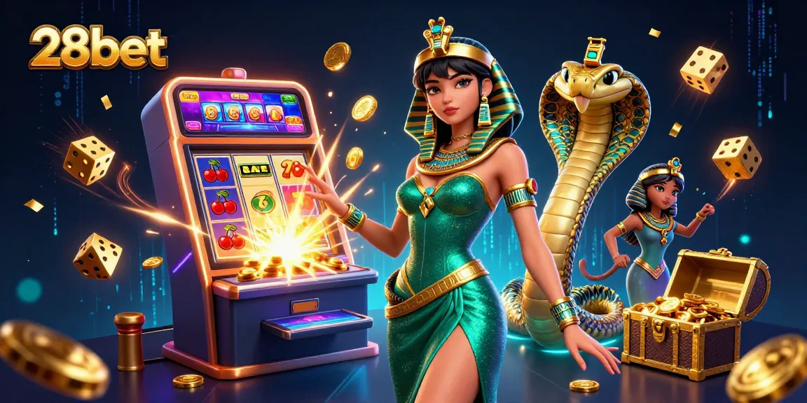 Engage with 28bet's exciting casino world featuring a glamorous character, vibrant slot machines, and stunning visuals.
