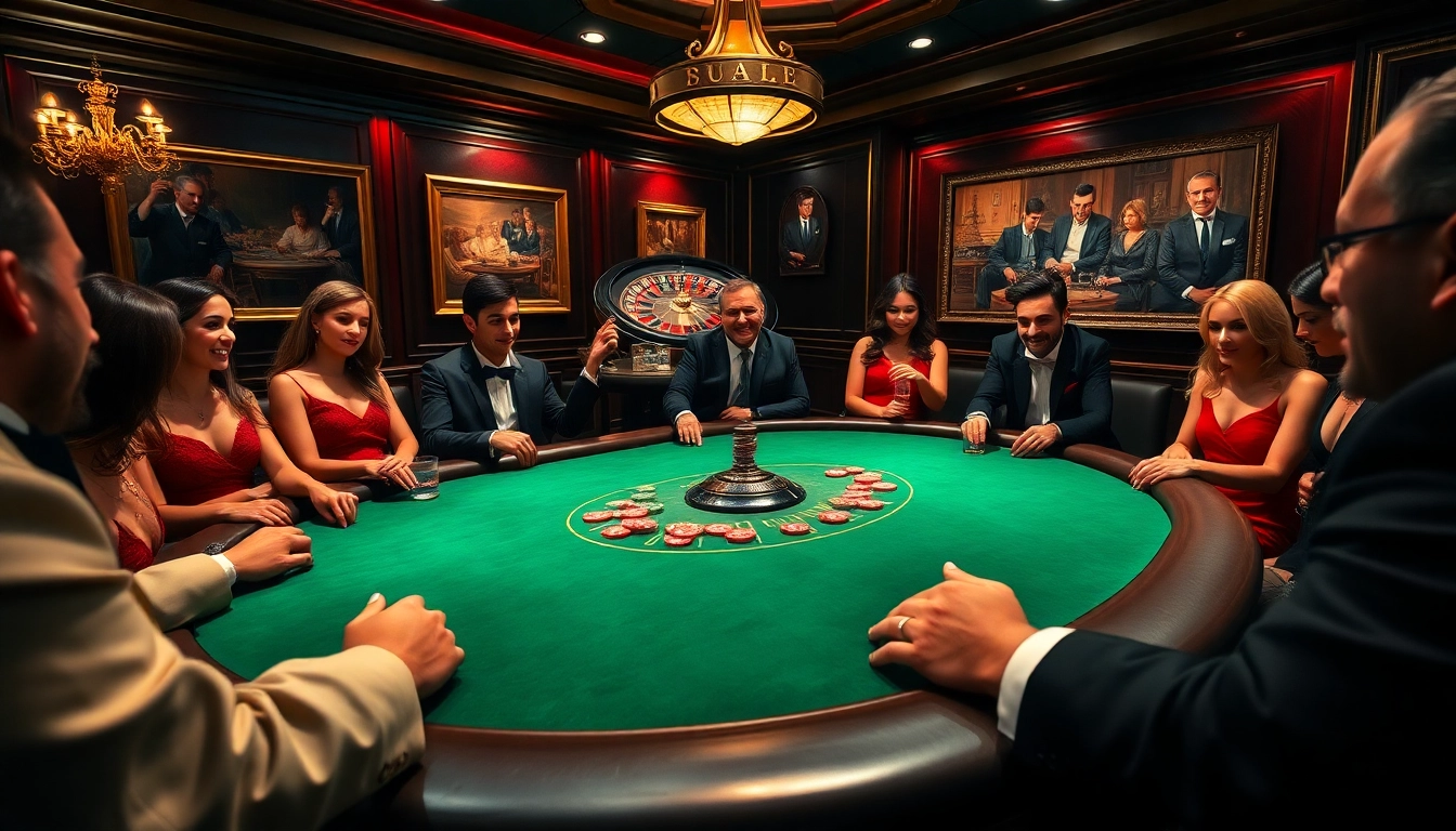 Players strategizing at a high-stakes J88 casino poker table with vibrant ambiance and luxurious decor.