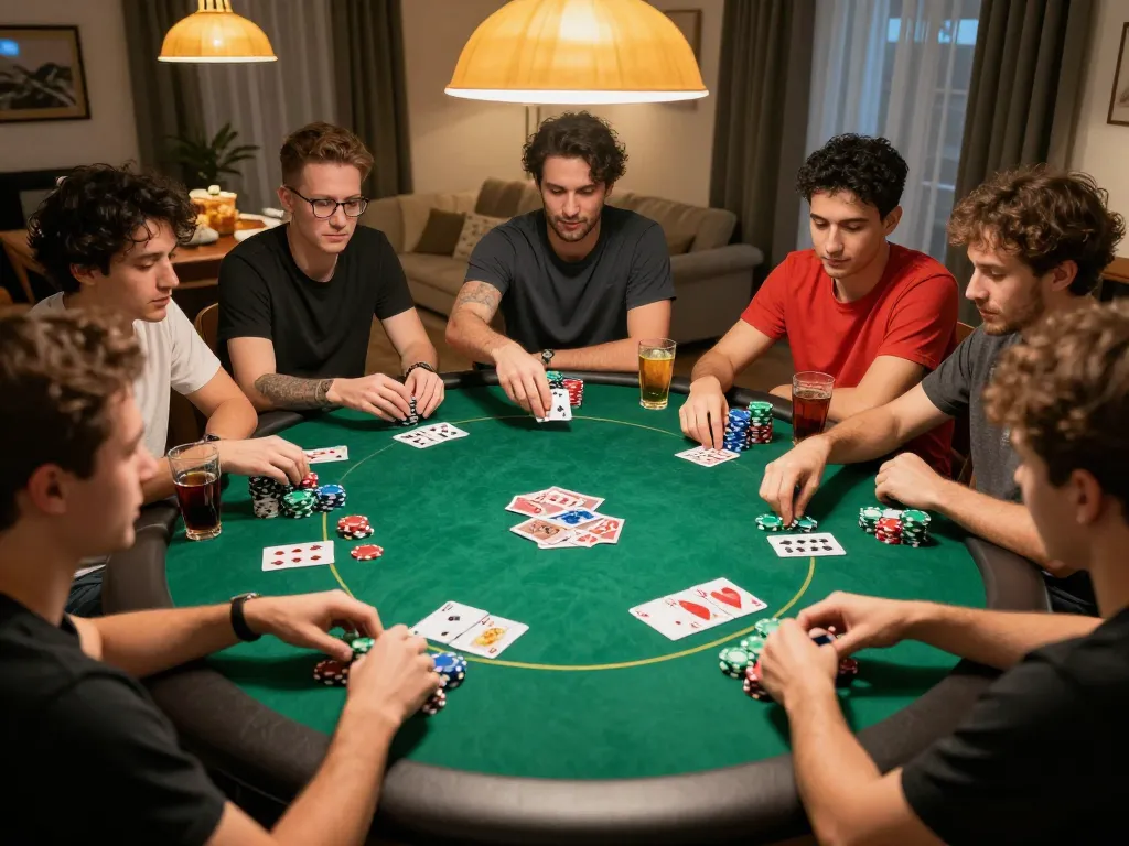 FLY 88 poker night with friends enjoying a lively game of Texas Hold'em and vibrant atmosphere.