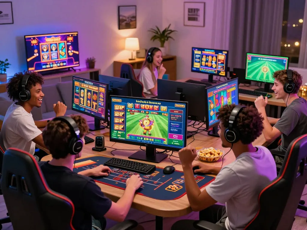 Players enjoying the Luckywin gaming platform in an exciting home gaming environment