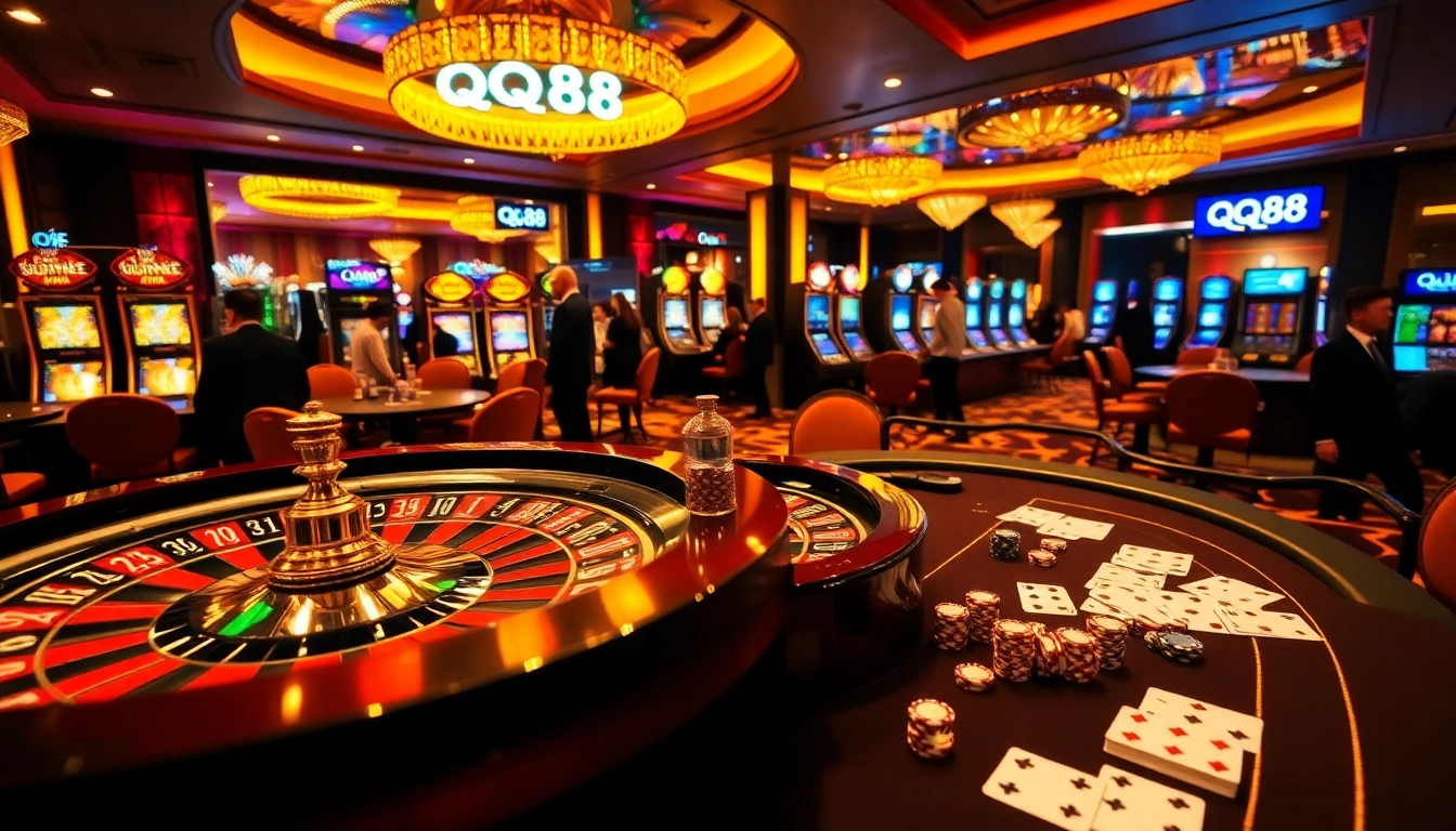 Players engaging in a thrilling QQ88 casino game surrounded by vibrant slot machines.