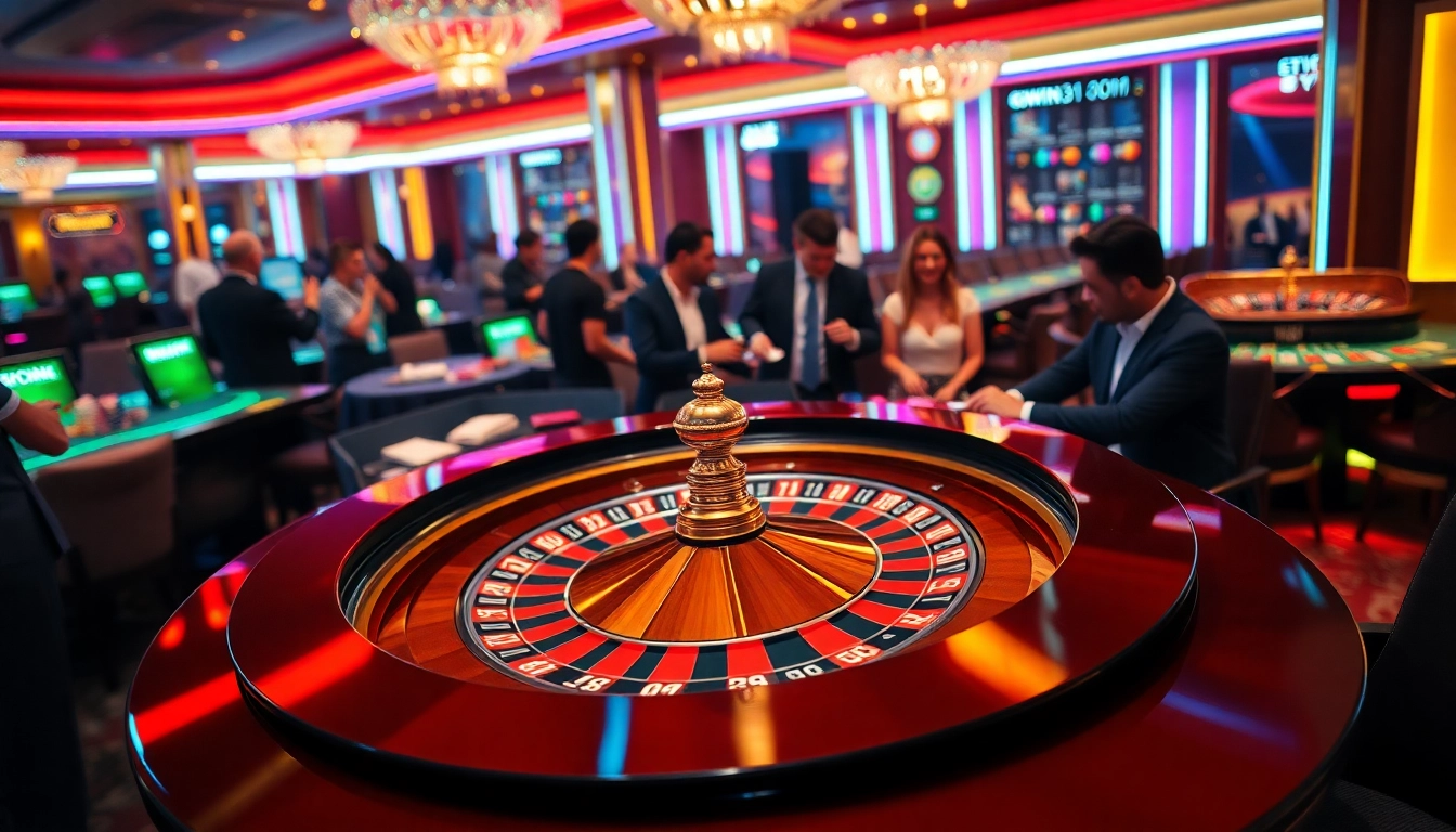 Players enjoying a thrilling game at 6RWIN33 COM roulette table amid vibrant casino lights.