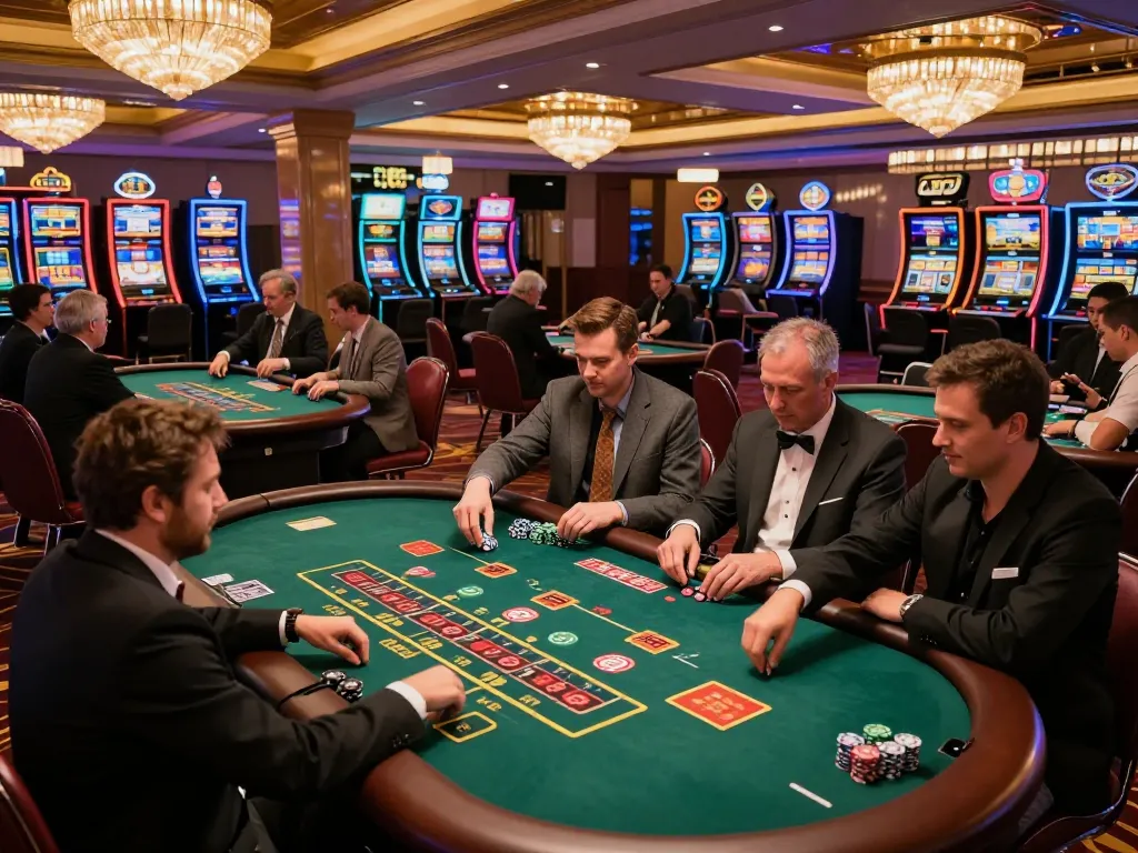 Players enjoying table games at ALO8's elegant casino floor, capturing dynamic gameplay and vibrant atmosphere.