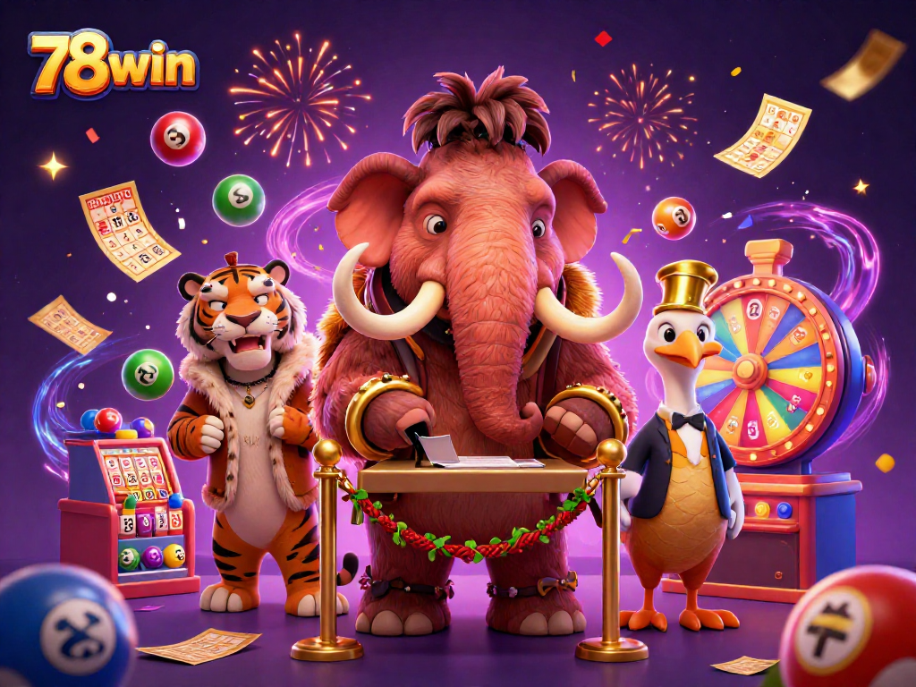 Engage with 78win's vibrant casino scene featuring a mammoth bouncer and VIP guests amidst exciting gaming elements.