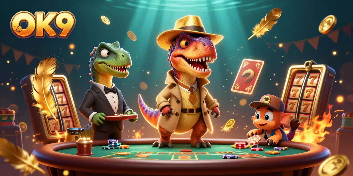 Engage in thrilling games at OK9 with a velociraptor card counter and a stegosaurus pit boss in action.