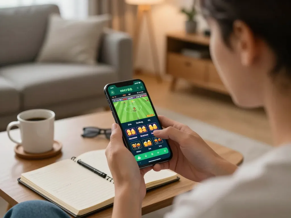 Engaging in mobile betting with nha cai sky88 app in a cozy living room setting, showcasing dynamic gameplay.