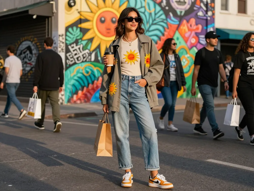 Model wearing trendy sunwin apparel in urban street scene.