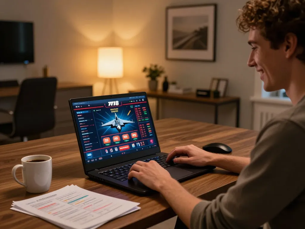 Player engaging with F168 online casino interface at home, showcasing a modern gaming setup