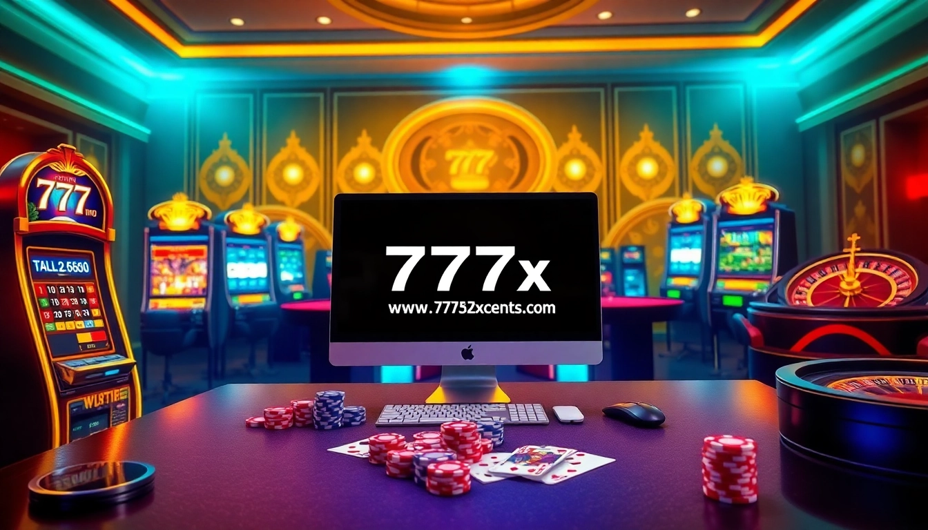 A captivating view of a luxury online gambling environment at https://777x.center/, featuring vibrant slot machines and poker elements.