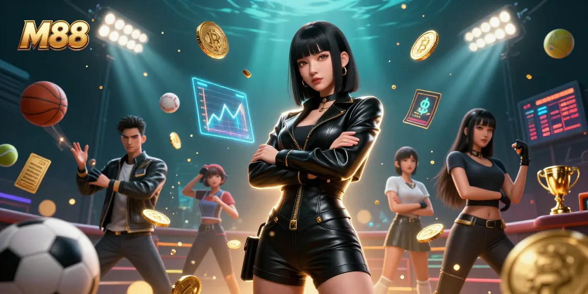 M88 sports betting scene featuring an Asian woman in a sleek outfit with Bitcoin and sports elements.