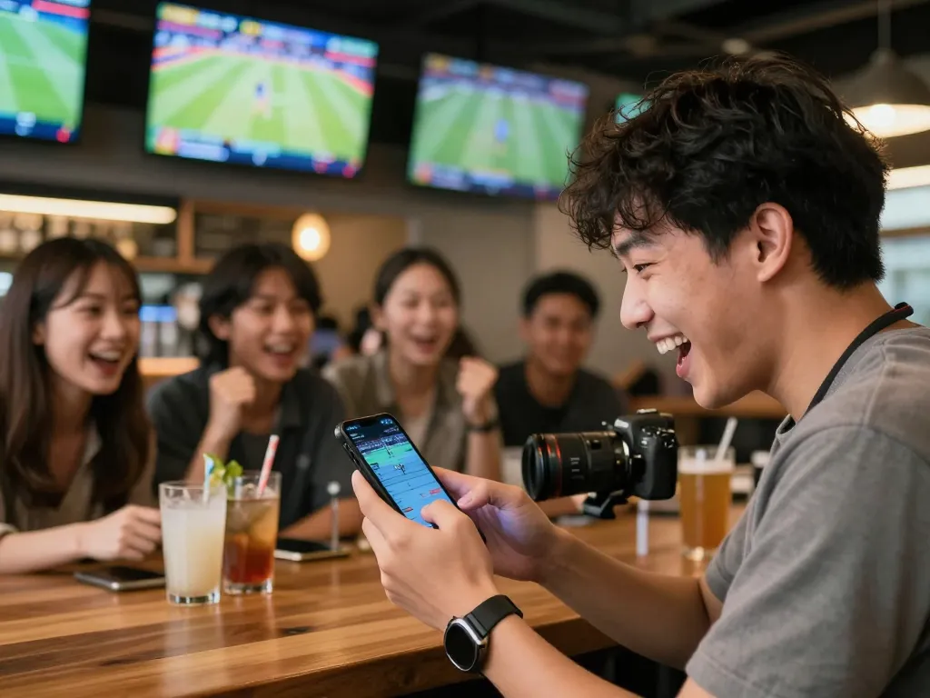 Sports enthusiast placing bets on keonhacai5 app in a lively bar, surrounded by friends.