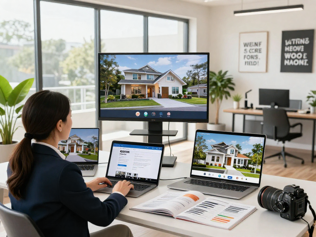 Realtor presenting IDXSTAR platform properties in a bright, modern office.