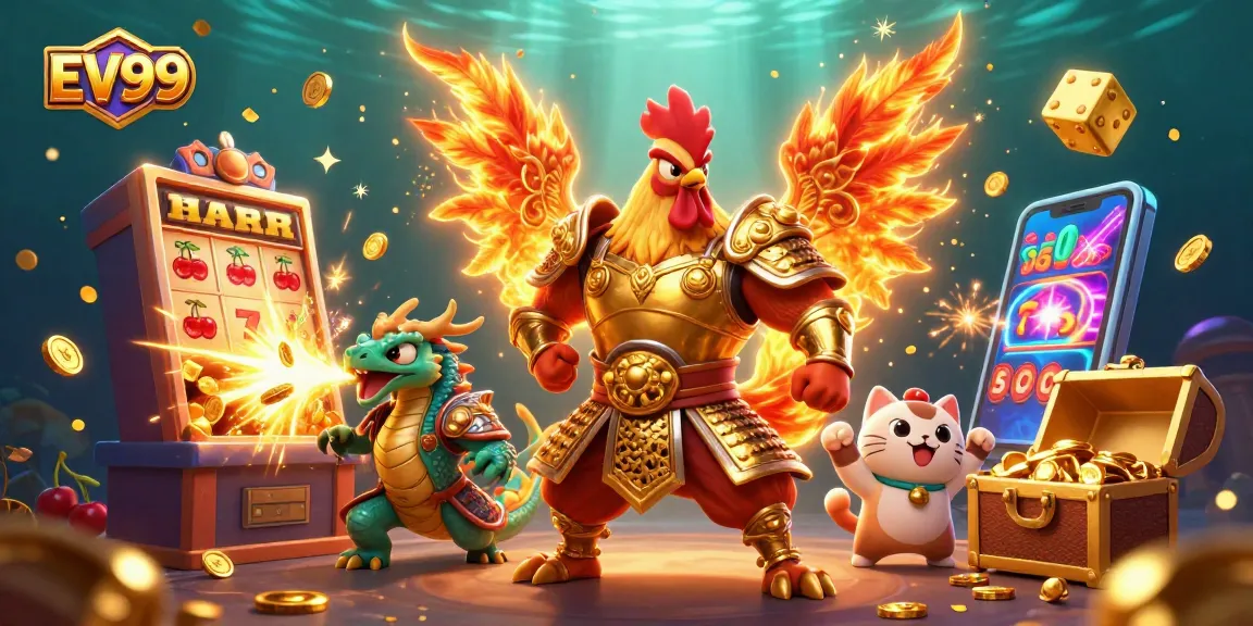 Experience the thrill of EV99 with a vibrant casino scene featuring dynamic characters and captivating game elements.