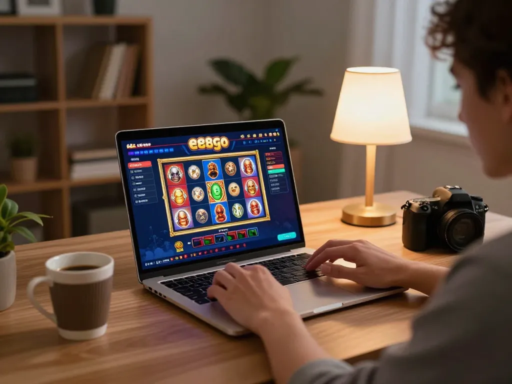 Player engaging with the ee88go casino interface on a sleek laptop, showcasing vibrant slot games in a cozy setting.