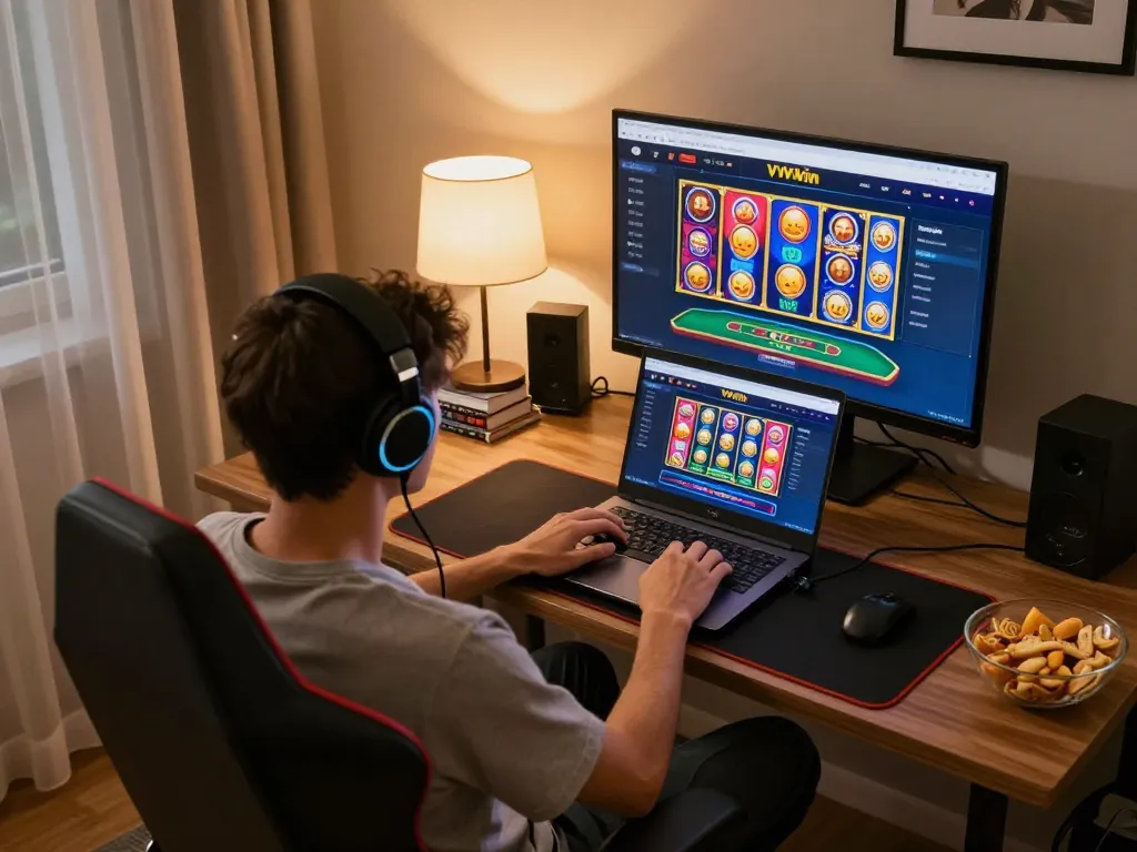 Play exciting games on VVVwin's online platform with a cozy home setup, showcasing the experience.