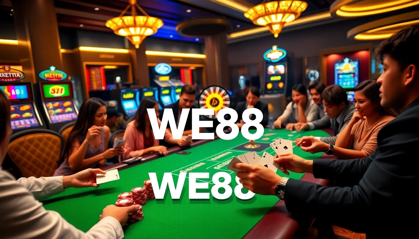 WE88 players enjoying a thrilling casino experience at a vibrant gaming table.