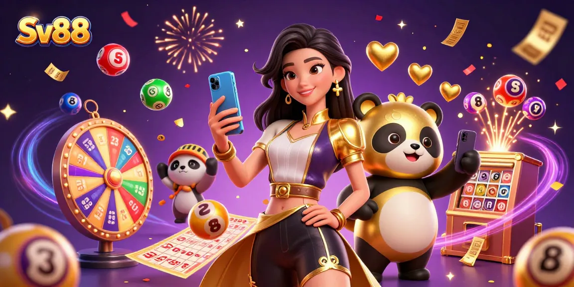 Experience the vibrant world of Sv88 with an Asian woman in a casino-themed scene, holding a smartphone.