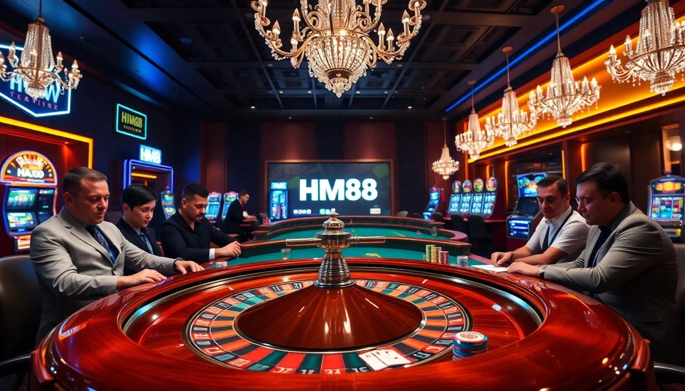 Experience the excitement of casino gaming with HM88-themed poker chips and vibrant roulette wheel.