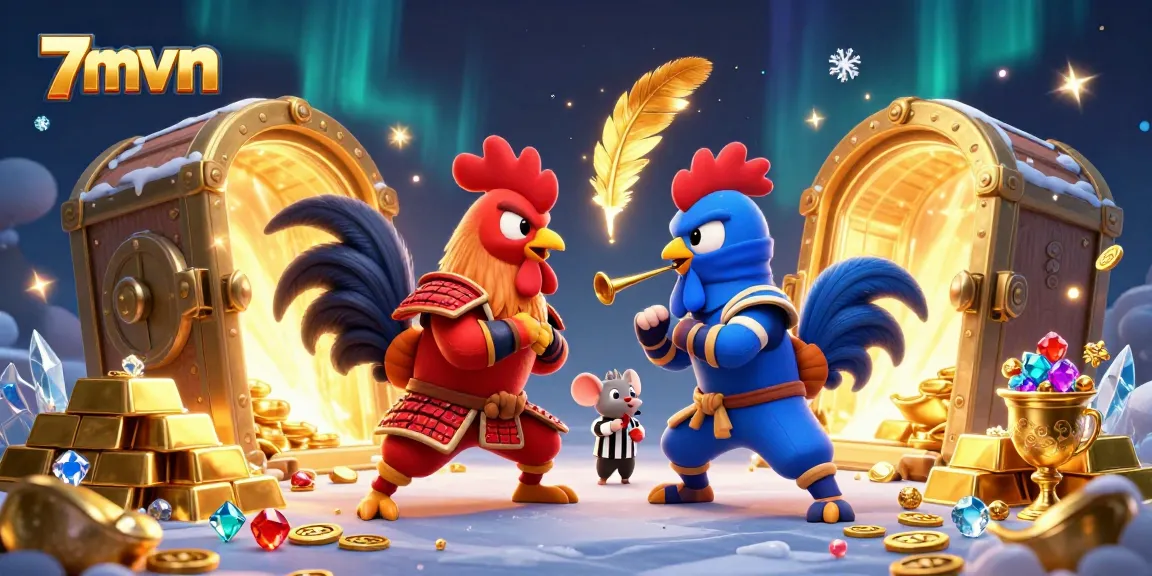 Experience thrilling action with 7mvn fighting roosters amid piles of shimmering treasures.