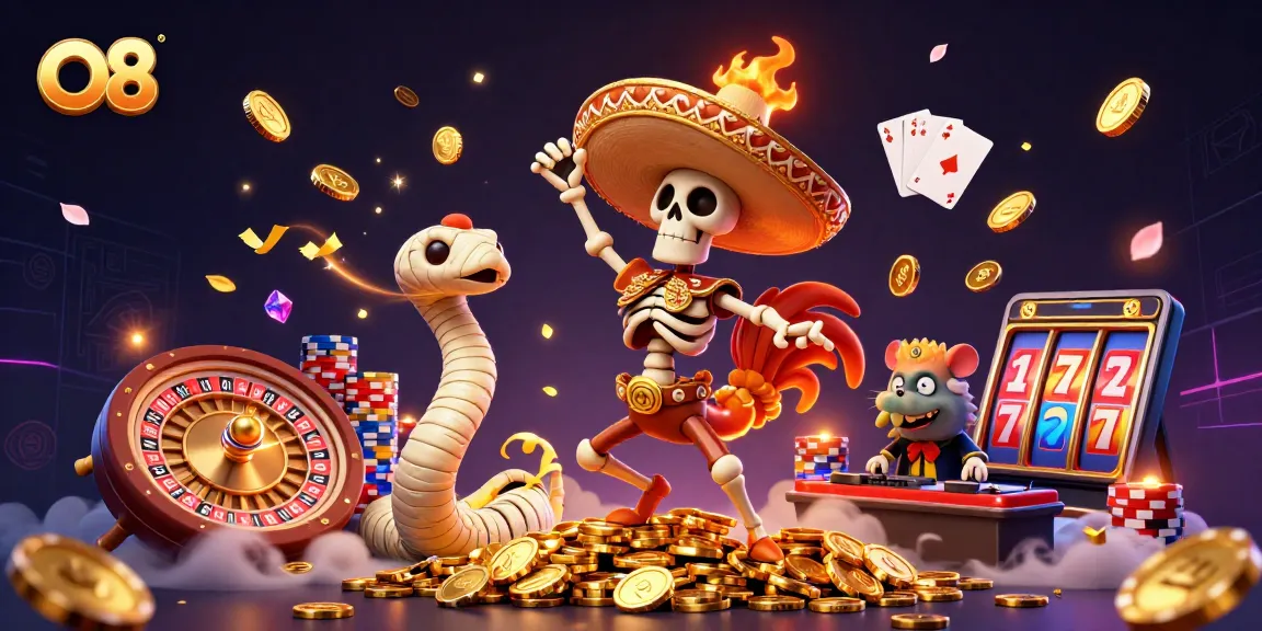 Experience thrilling victories with O8's colorful casino scene featuring a dancing skeleton and vibrant game elements.