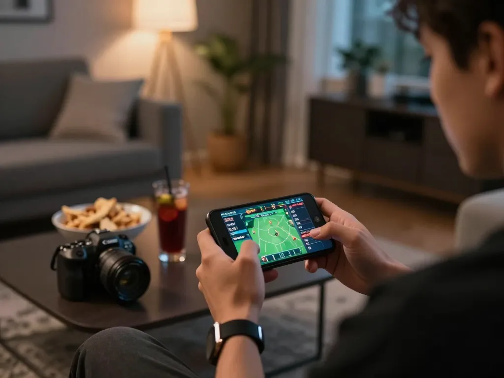 Engaging in mobile sports betting on AX88 smartphone app in a cozy home setting