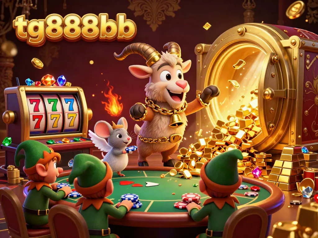 Witness the thrilling chaos of tg888bb's casino world with a festive Krampus goat and mischievous elves.