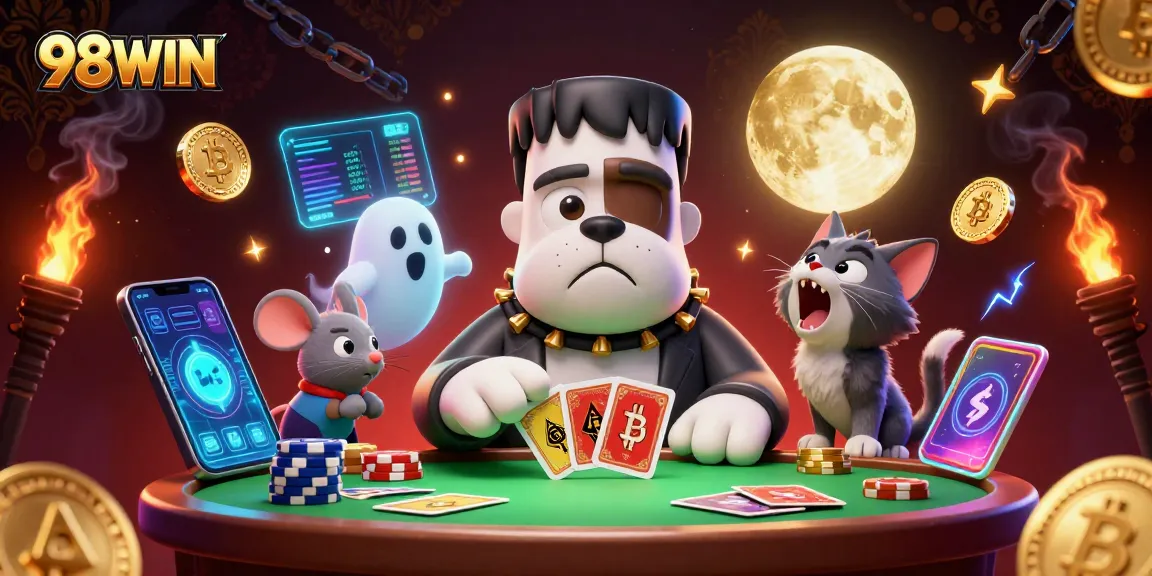 Engage in thrilling game action with 98WIN at a haunted casino table featuring unique characters.