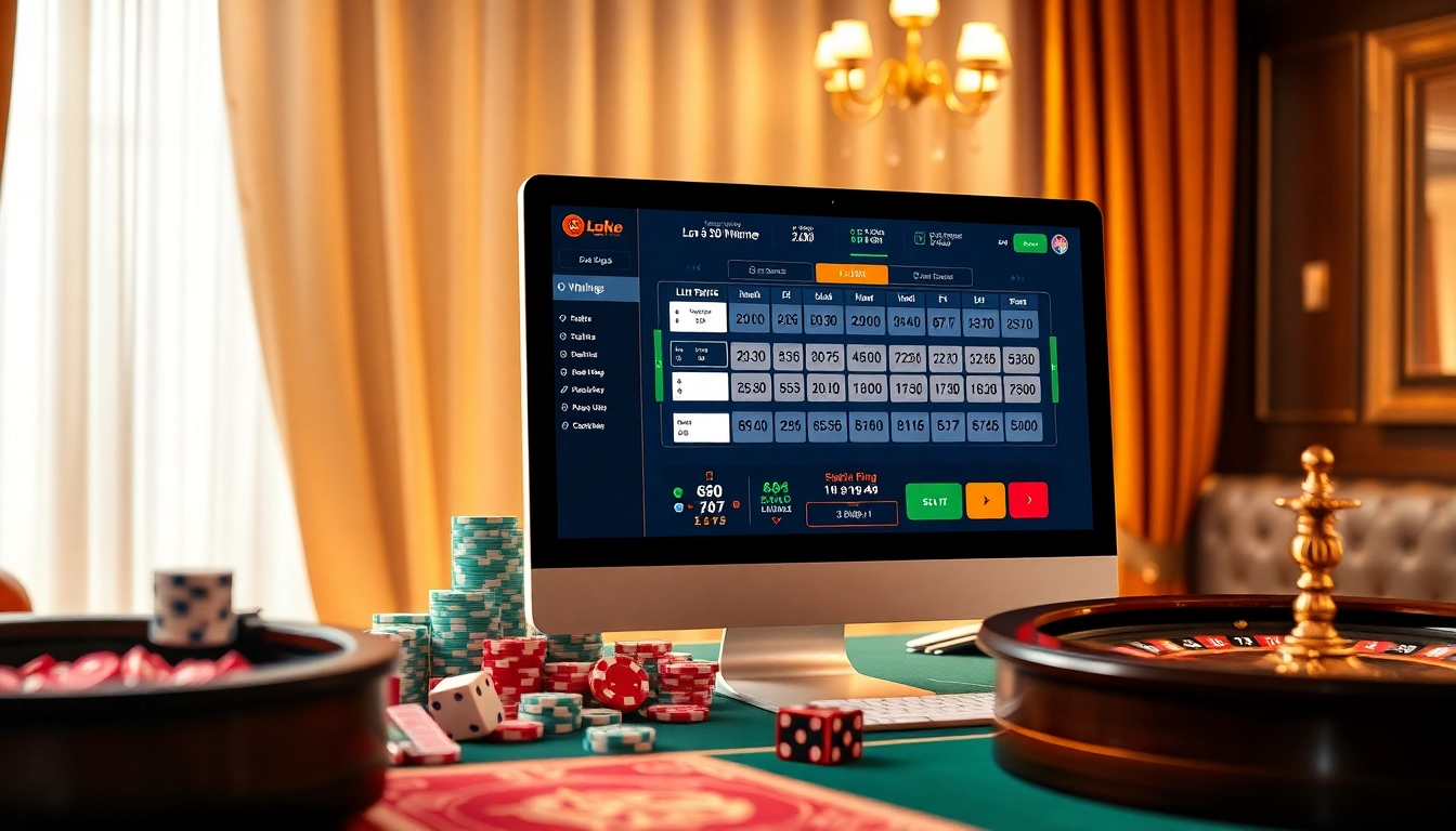 Lô đề online betting interface with poker chips and a roulette wheel in a vibrant casino setting.
