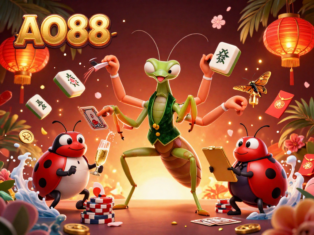 Experience the excitement of AO88 with vibrant casino-themed 3D illustration featuring characters and festive elements.