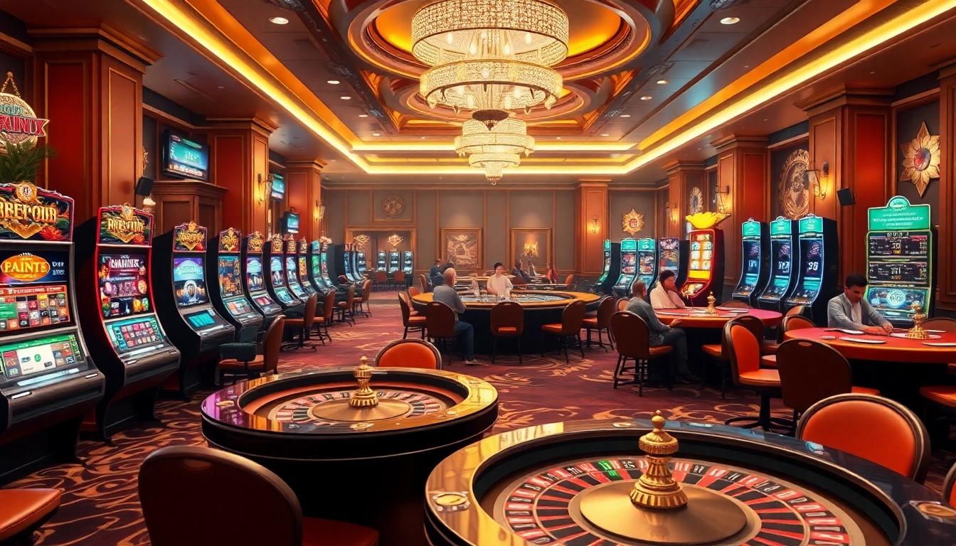 B52Club: Players enjoying thrilling games at an upscale virtual casino with vibrant tables and slot machines.