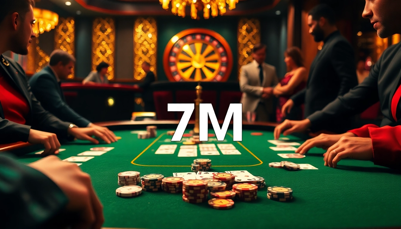 7M players strategizing at an elegant poker table in a vibrant casino atmosphere.