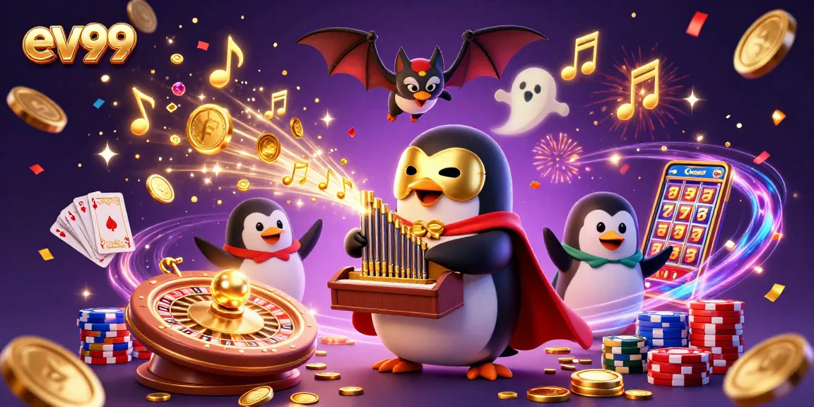 Experience thrilling gameplay at ev99 with golden coins, cards, and vibrant casino elements.