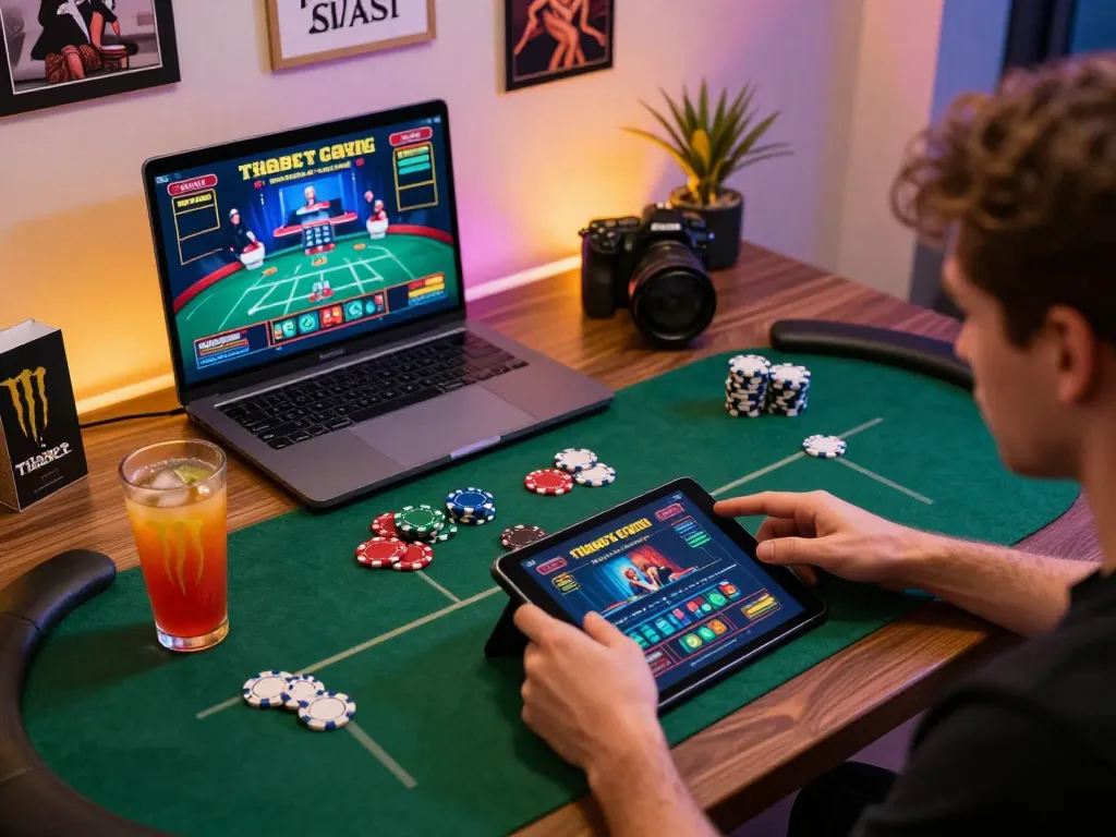 Player engaging with Thabet casino app on tablet, showcasing online gambling atmosphere