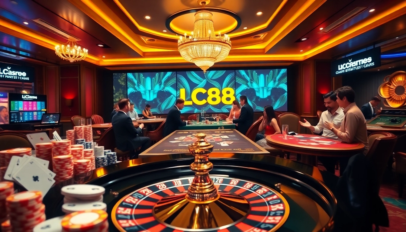 LC88 casino scene featuring roulette, poker chips, and engaged players, highlighting thrilling gambling action.