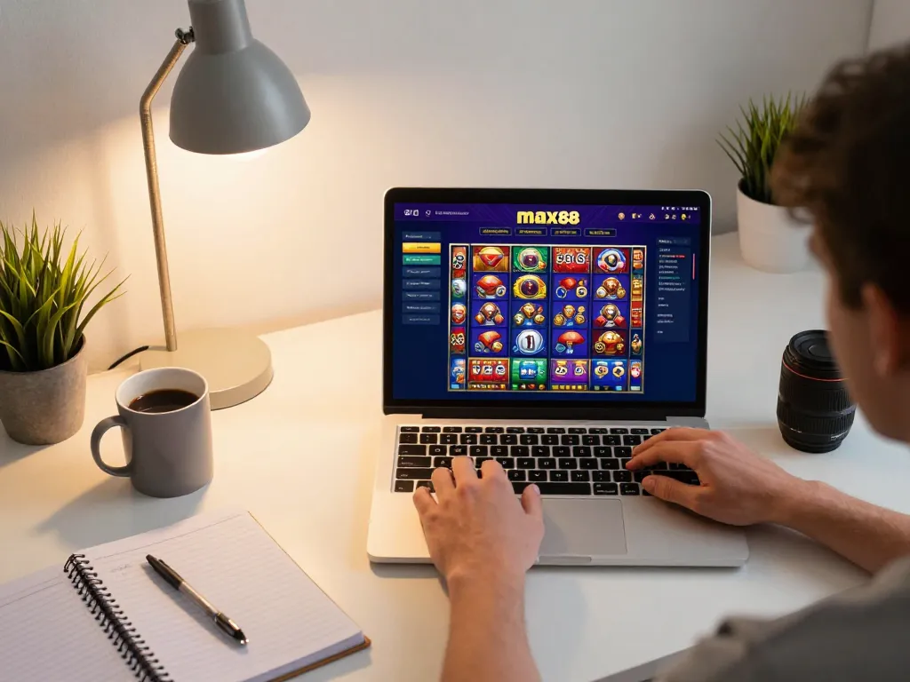 Engaging with max88 gaming interface on laptop, showcasing dynamic online casino experience.