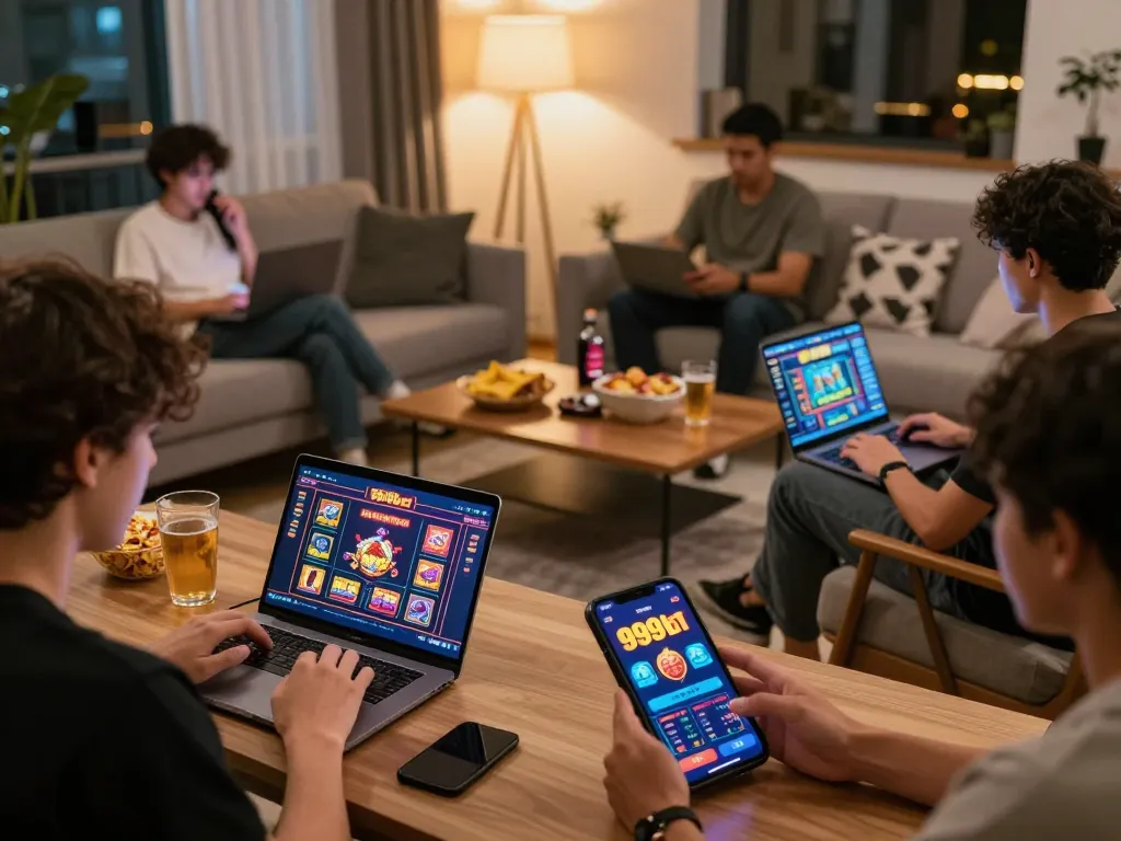 Players strategizing on 999bet mobile app in a cozy home gaming setup.